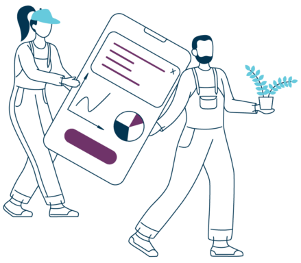 Illustration of movers carrying an app interface and a potted plant